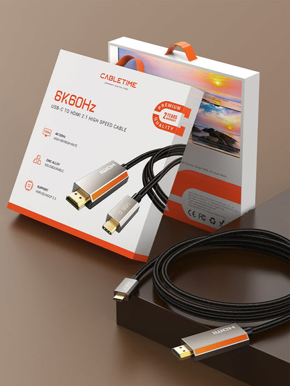 CABLETIME Zinc Alloy USB C Male to HDMI Male 8K Cable Cord 4K 120Hz for MacBook Pro, models CC15H / CC15L / CC15N, SKUs CT-CMHD8K-ZG1 / CT-CMHD8K-ZG2 / CT-CMHD8K-ZG3