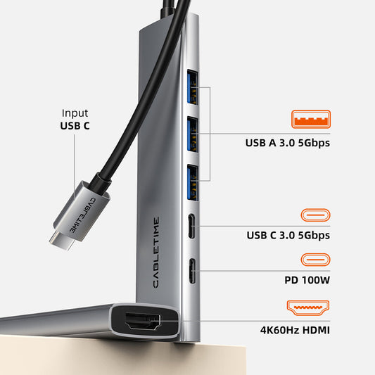 Cabletime 6 IN 1 USB C Hub with HDMI and 100W Power Delivery for Macbook Pro Air