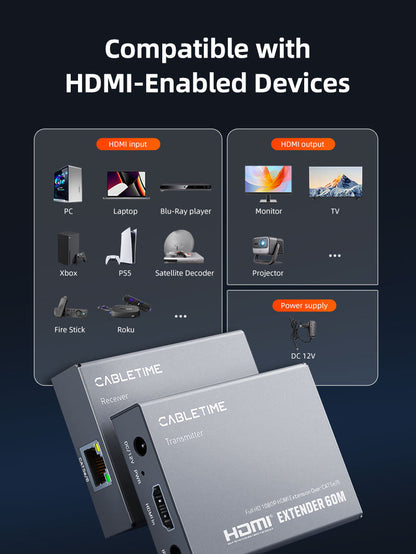 CABLETIME 1080P 60Hz CAT6 CAT5 HDMI Extender Over Ethernet 60m with HDMI Loop-Out, IR Control & EDID Support