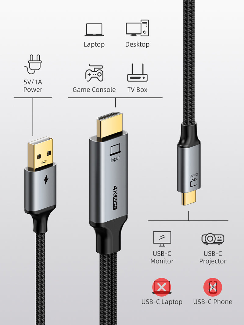 CABLETIME Active HDMI to USB-C Cable with USB Power | 4K 60Hz Unidirectional Adapter