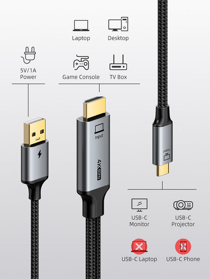 CABLETIME Active HDMI to USB-C Cable with USB Power | 4K 60Hz Unidirectional Adapter