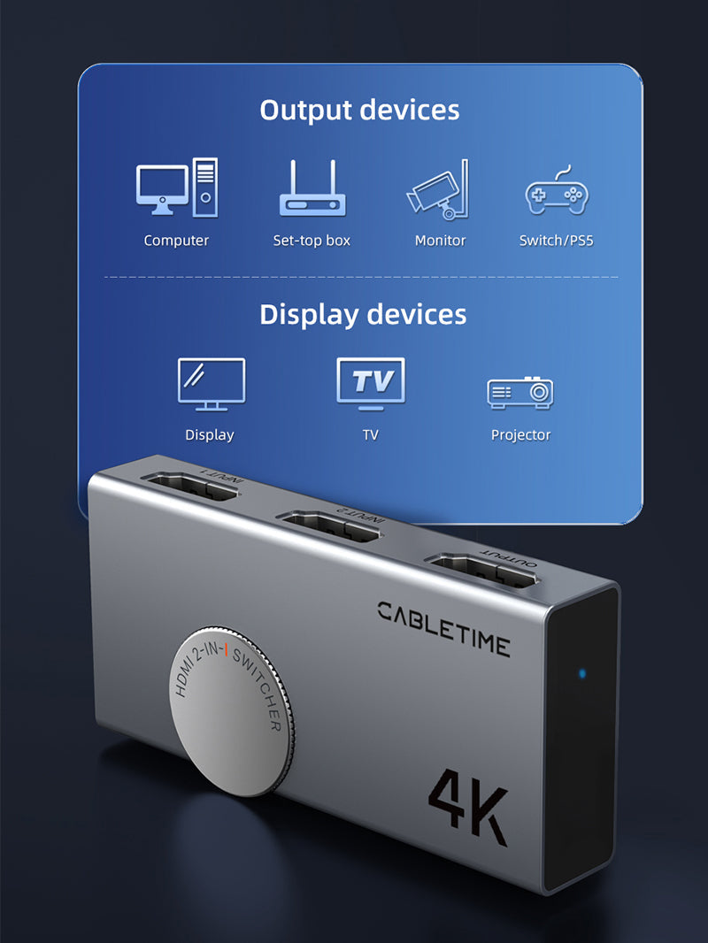 CABLETIME 4K 60Hz HDMI 2.0 Bi-Directional Switch 2 In 1 Out / 1 In 2 Out Manual HDMI Switcher