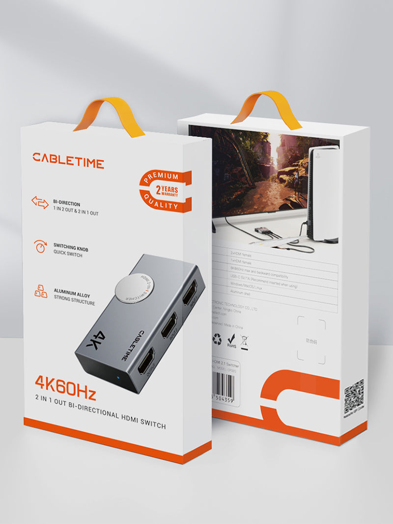 CABLETIME 4K 60Hz HDMI 2.0 Bi-Directional Switch 2 In 1 Out / 1 In 2 Out Manual HDMI Switcher