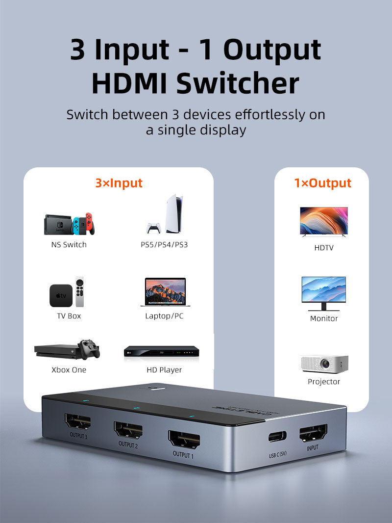 CABLETIME 3-Port HDMI Switcher 4K 60Hz with IR Remote & Manual Control for PS5, Xbox, Fire Stick, Roku, Apple TV & PC