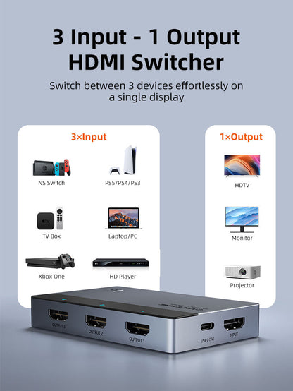 CABLETIME 3-Port HDMI Switcher 4K 60Hz with IR Remote & Manual Control for PS5, Xbox, Fire Stick, Roku, Apple TV & PC