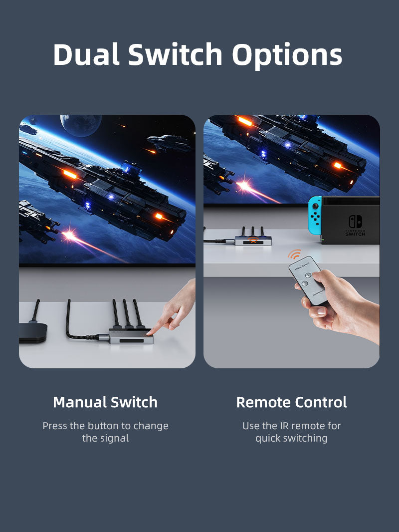 CABLETIME 3-Port HDMI Switcher 4K 60Hz with IR Remote & Manual Control for PS5, Xbox, Fire Stick, Roku, Apple TV & PC