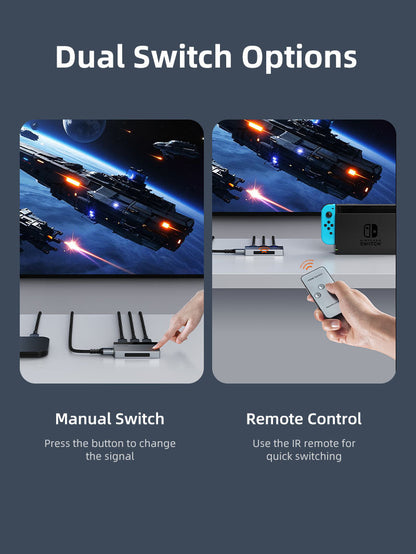 CABLETIME 3-Port HDMI Switcher 4K 60Hz with IR Remote & Manual Control for PS5, Xbox, Fire Stick, Roku, Apple TV & PC