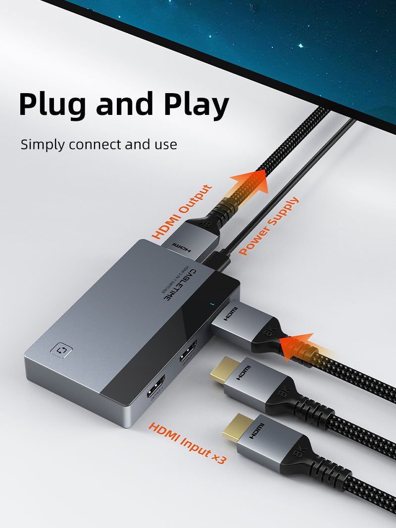CABLETIME 3-Port HDMI Switcher 4K 60Hz with IR Remote & Manual Control for PS5, Xbox, Fire Stick, Roku, Apple TV & PC