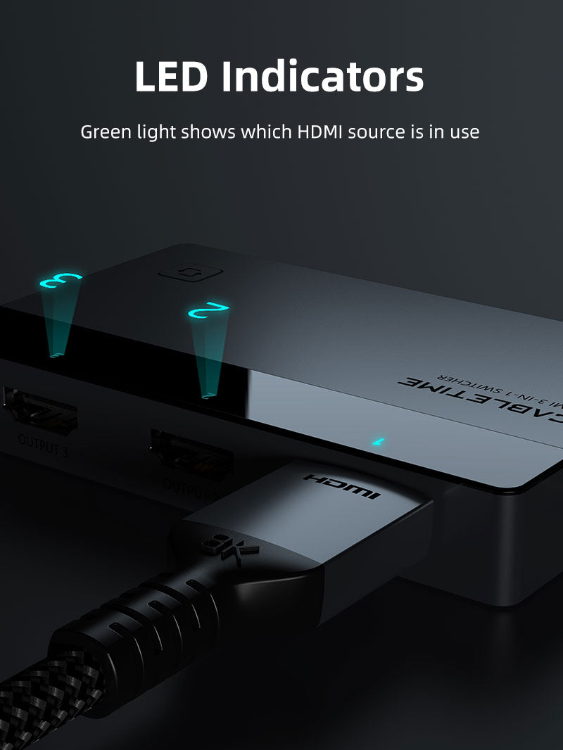 CABLETIME 3-Port HDMI Switcher 4K 60Hz with IR Remote & Manual Control for PS5, Xbox, Fire Stick, Roku, Apple TV & PC