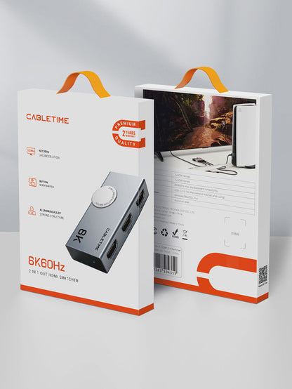 CABLETIME Bi-Directional 8K HDMI 2.1 Switcher 4K120Hz, 2 In 1 Out / 1 In 2 Out Manual HDMI Switch