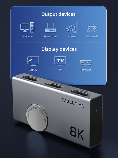 CABLETIME Bi-Directional 8K HDMI 2.1 Switcher 4K120Hz, 2 In 1 Out / 1 In 2 Out Manual HDMI Switch
