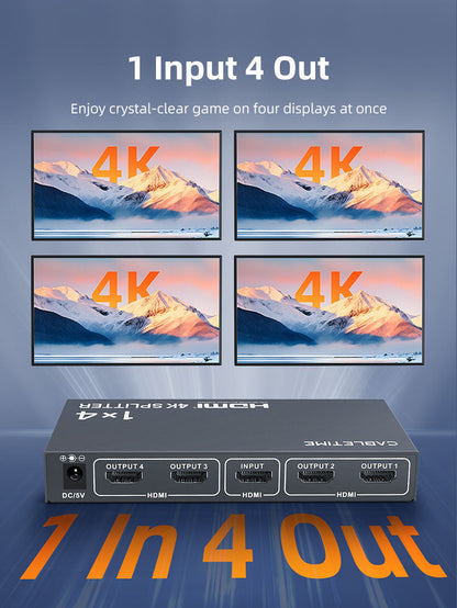 CABLETIME 4K 1x4 HDMI Splitter for Multiple Monitors TV, 1 In 4 Out HDMI Distribution Amplifier