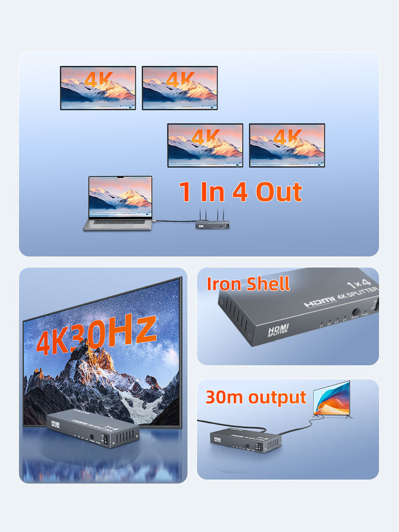 CABLETIME 4K 1x4 HDMI Splitter for Multiple Monitors TV, 1 In 4 Out HDMI Distribution Amplifier