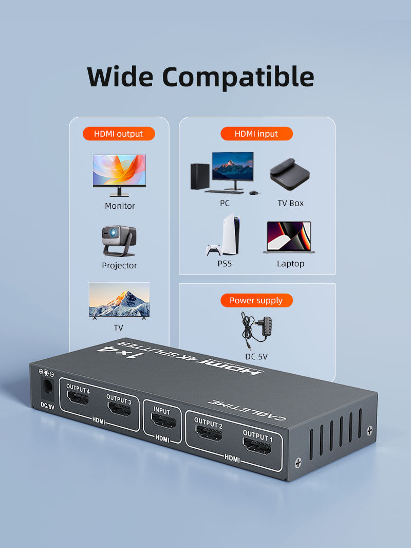 CABLETIME 4K 1x4 HDMI Splitter for Multiple Monitors TV, 1 In 4 Out HDMI Distribution Amplifier