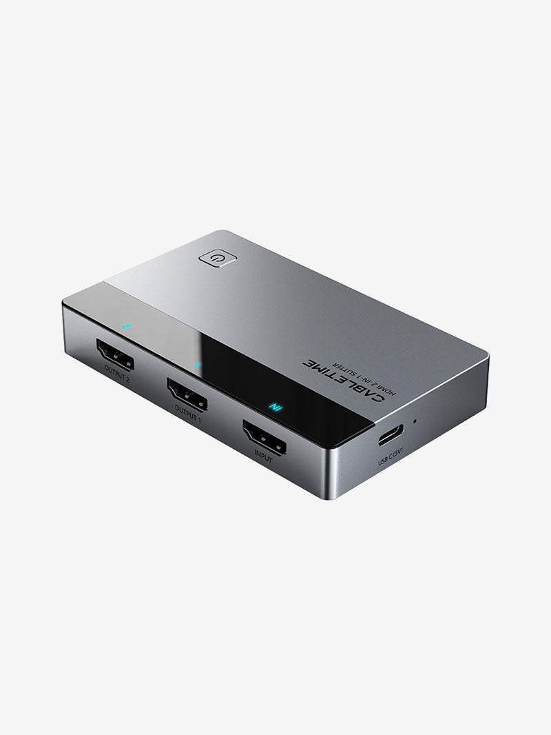 CABLETIME 4K 60Hz HDMI Splitter 1 IN 2 Out for Dual Monitors, HDMI 1x2 Splitter with USB-C Power & LED Indicators