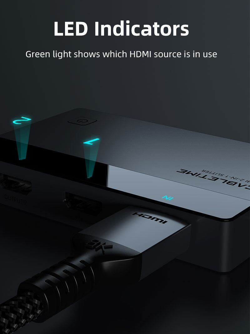 CABLETIME 4K 60Hz HDMI Splitter 1 IN 2 Out for Dual Monitors, HDMI 1x2 Splitter with USB-C Power & LED Indicators