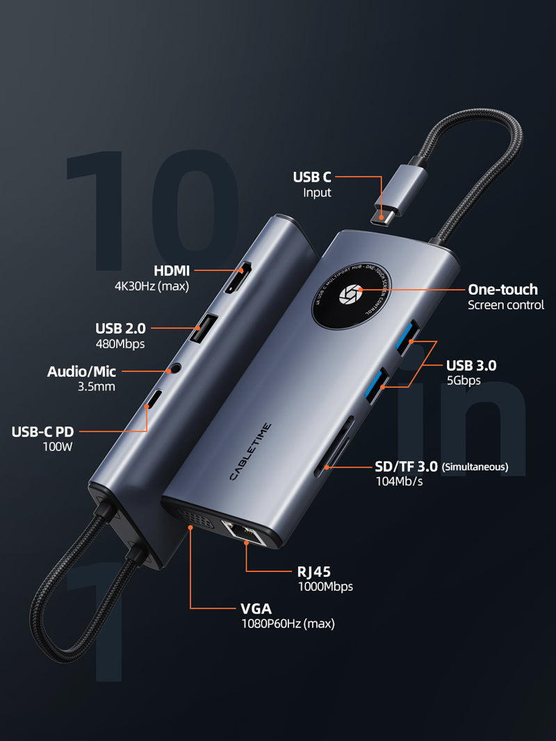 10 In 1 Multi USB C Hub Adapter 4K with VGA and HDMI Ethernet