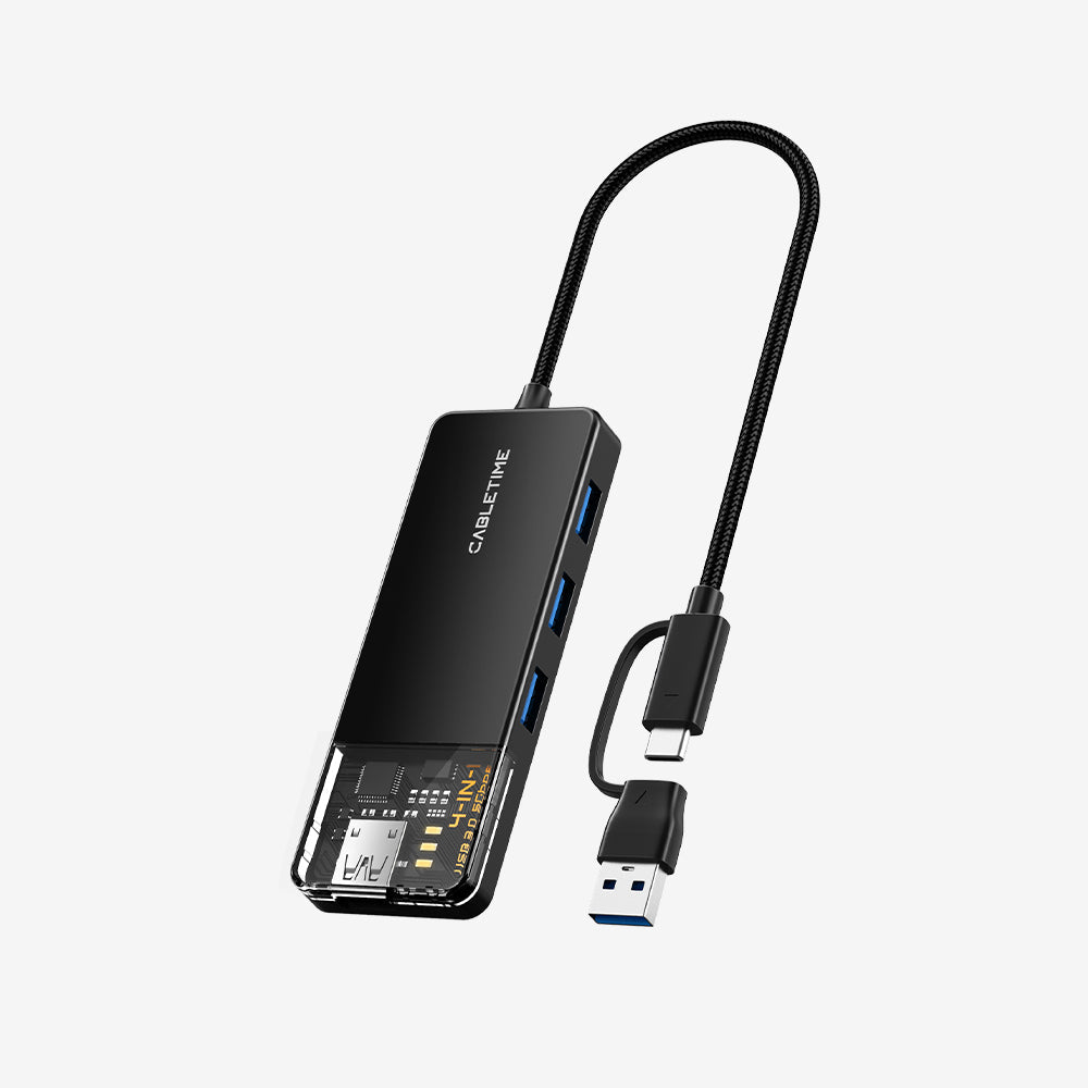 CABLETIME USB-C to 4-Port USB-A 3.0 Hub 5Gbps with USB-A Adapter | CT-HUBT3-PB