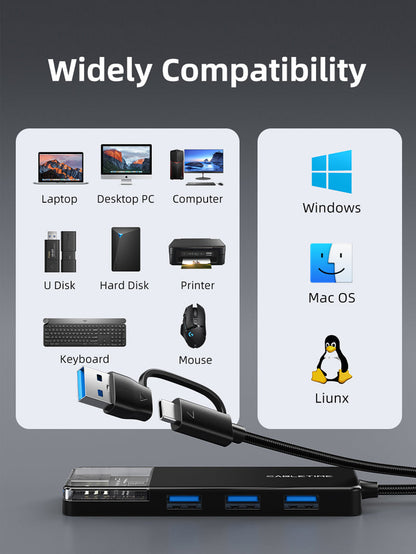 CABLETIME USB-C to 4-Port USB-A 3.0 Hub 5Gbps with USB-A Adapter | CT-HUBT3-PB