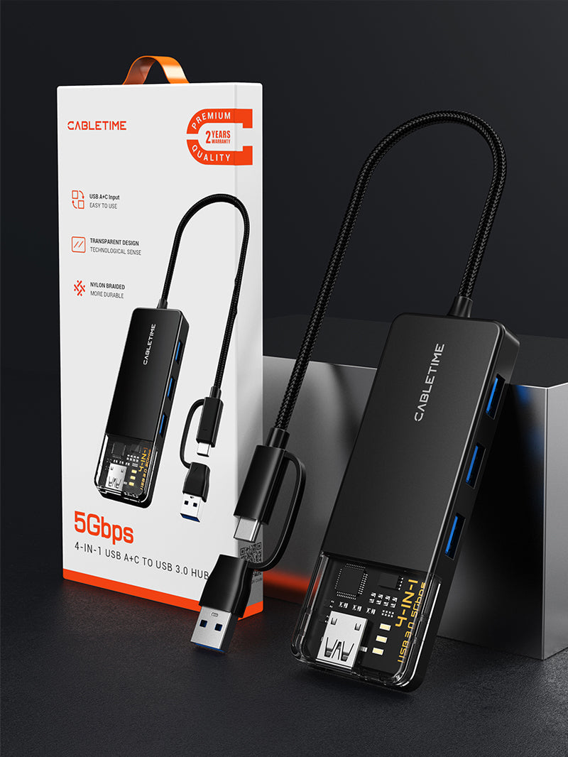 CABLETIME USB-C to 4-Port USB-A 3.0 Hub 5Gbps with USB-A Adapter | CT-HUBT3-PB