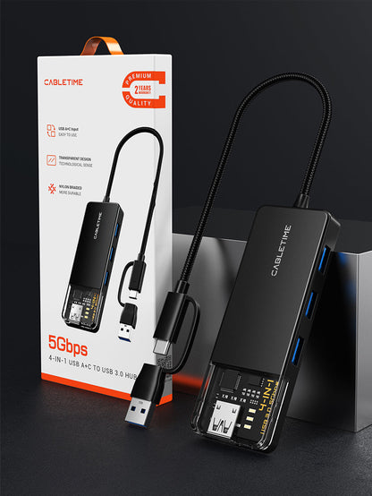 CABLETIME USB-C to 4-Port USB-A 3.0 Hub 5Gbps with USB-A Adapter | CT-HUBT3-PB