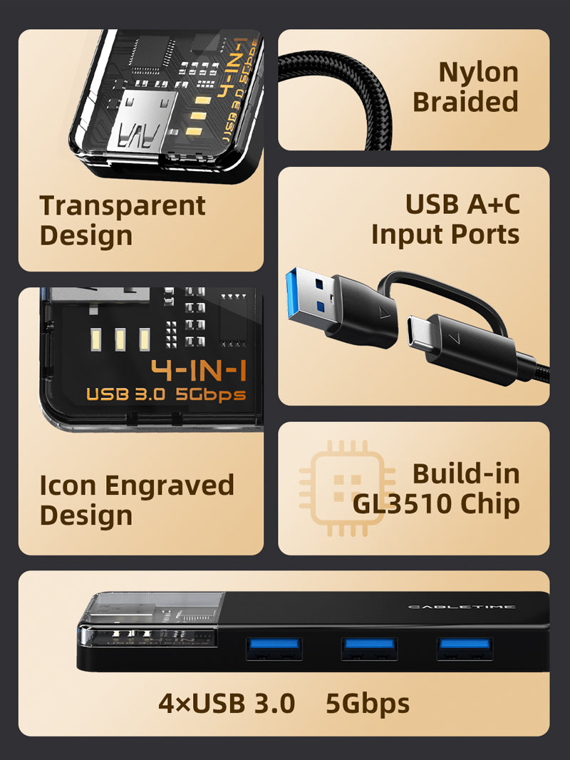 CABLETIME USB-C to 4-Port USB-A 3.0 Hub 5Gbps with USB-A Adapter | CT-HUBT3-PB