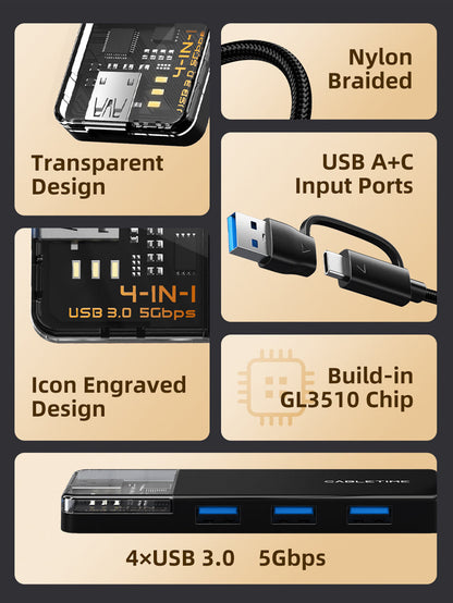 CABLETIME USB-C to 4-Port USB-A 3.0 Hub 5Gbps with USB-A Adapter | CT-HUBT3-PB