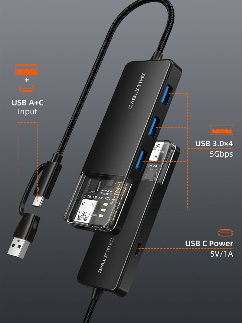 CABLETIME USB-C to 4-Port USB-A 3.0 Hub 5Gbps with USB-A Adapter | CT-HUBT3-PB