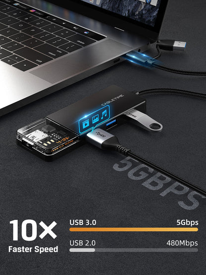 CABLETIME USB-C to 4-Port USB-A 3.0 Hub 5Gbps with USB-A Adapter | CT-HUBT3-PB