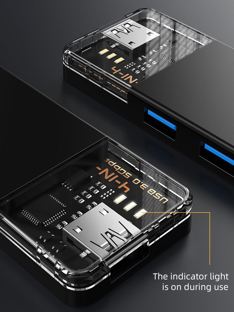 CABLETIME USB-C to 4-Port USB-A 3.0 Hub 5Gbps with USB-A Adapter | CT-HUBT3-PB