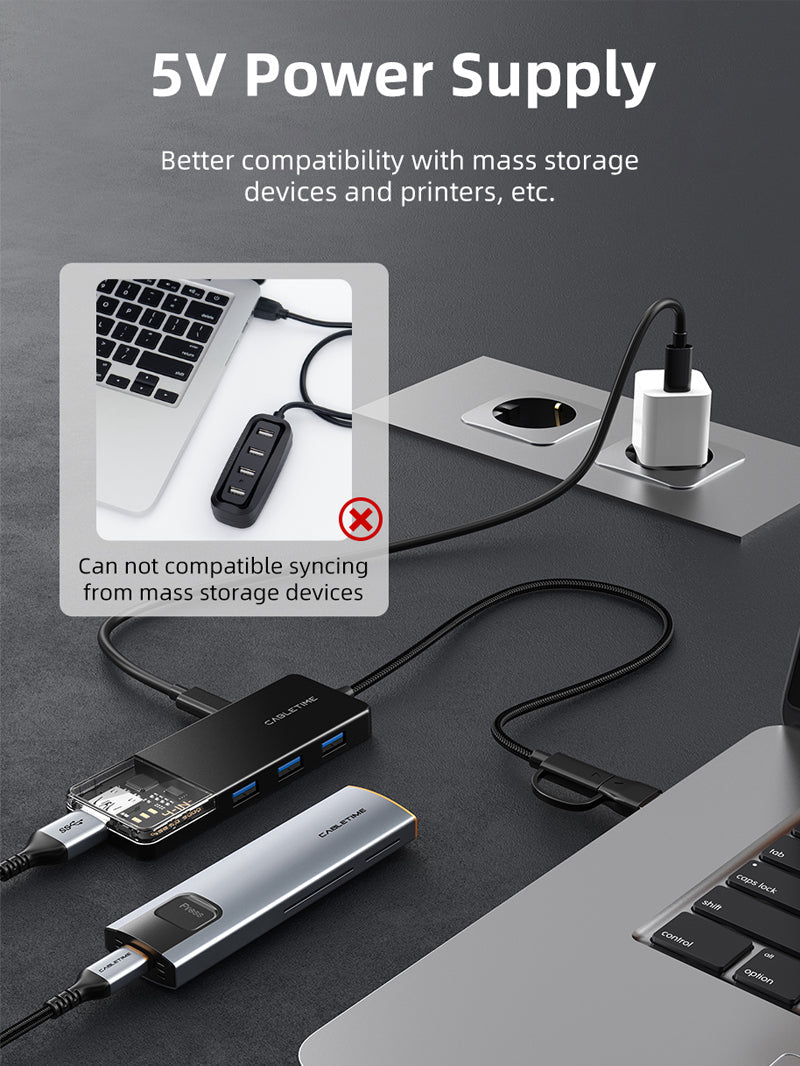 CABLETIME USB-C to 4-Port USB-A 3.0 Hub 5Gbps with USB-A Adapter | CT-HUBT3-PB