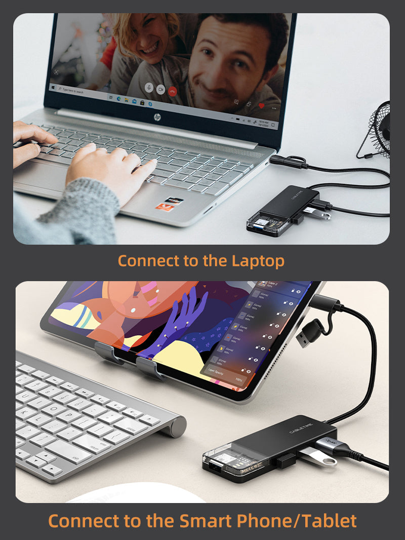 CABLETIME USB-C to 4-Port USB-A 3.0 Hub 5Gbps with USB-A Adapter | CT-HUBT3-PB