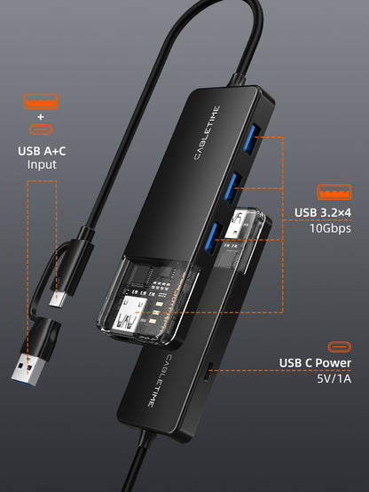 CABLETIME 10Gbps USB A 3.2 Hub USB-A / USB-C to 4-Port USB-A Hub for Laptop -