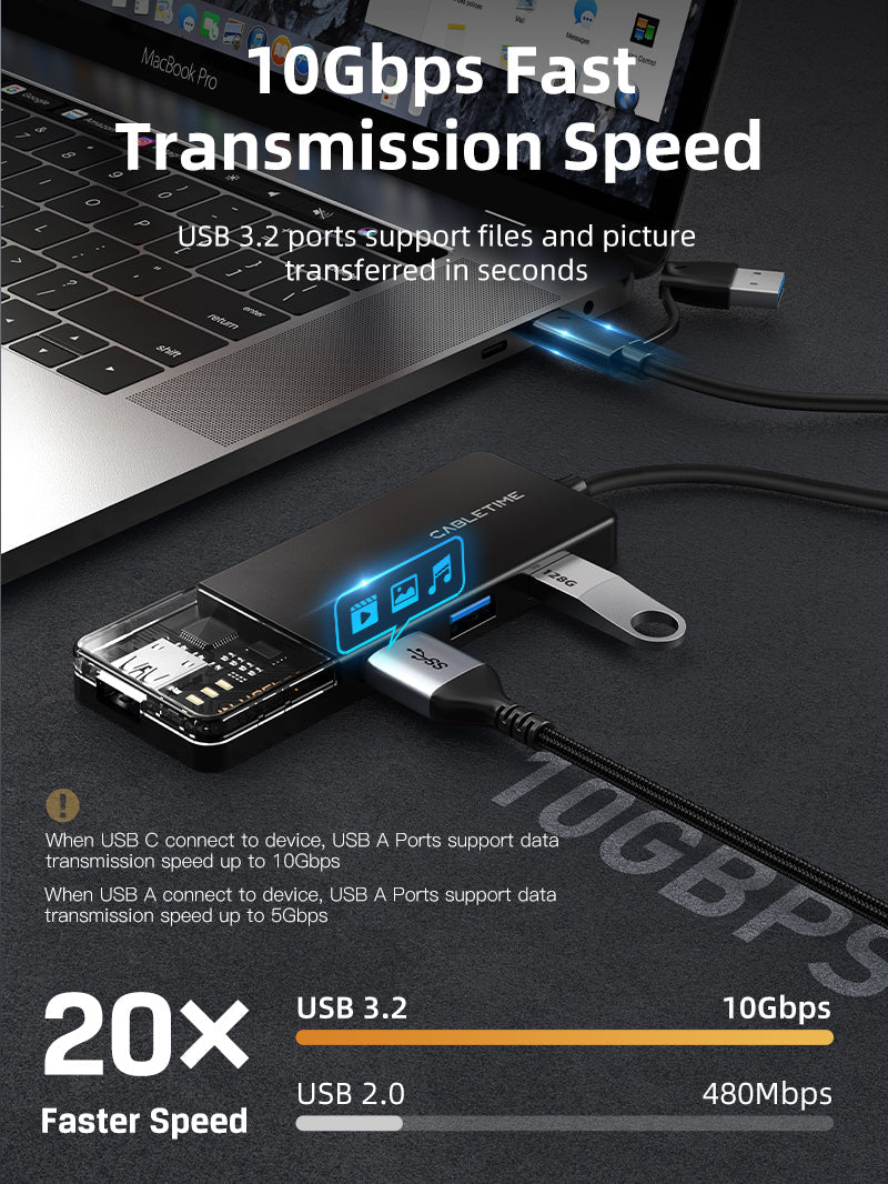 CABLETIME 10Gbps USB A 3.2 Hub USB-A / USB-C to 4-Port USB-A Hub for Laptop -