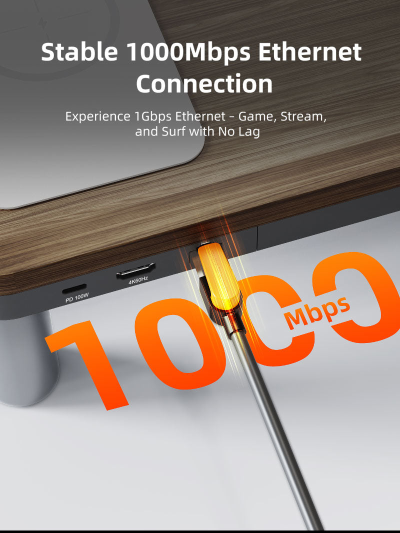 Wood Grain Monitor Stand with 9 IN 1 Docking Station and Wireless Charging Pad