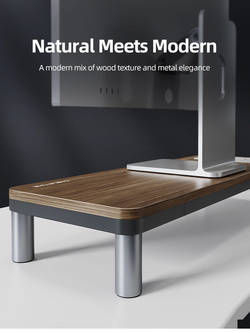Wood Grain Monitor Stand with 9 IN 1 Docking Station and Wireless Charging Pad