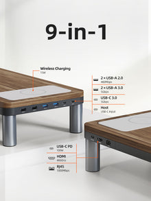 Wood Grain Monitor Stand with 9 IN 1 Docking Station and Wireless Charging Pad