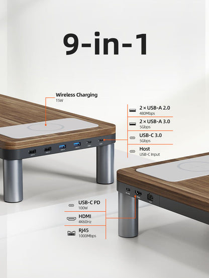 Wood Grain Monitor Stand with 9 IN 1 Docking Station and Wireless Charging Pad