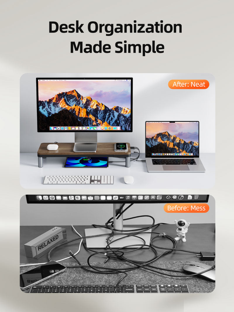 Wood Grain Monitor Stand with 9 IN 1 Docking Station and Wireless Charging Pad