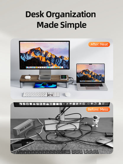 Wood Grain Monitor Stand with 9 IN 1 Docking Station and Wireless Charging Pad
