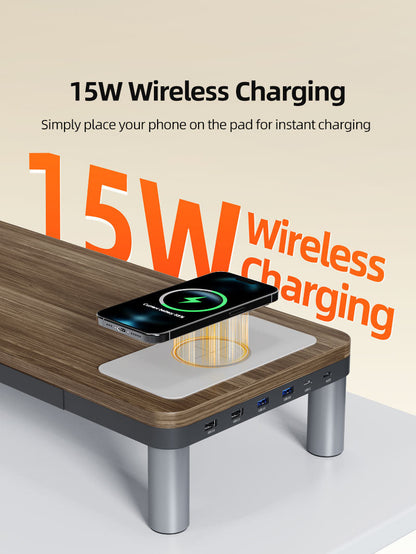 Wood Grain Monitor Stand with 9 IN 1 Docking Station and Wireless Charging Pad