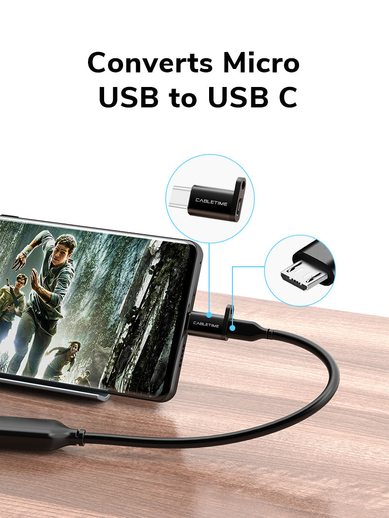 CABLETIME USB-C to Micro USB 2.0 Adapter OTG 480Mbps Fast Charge, models CP72B / CP72G, SKUs CT-OTG-CMBF-ABL / CT-OTG-CMBF-AGL