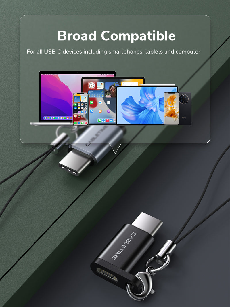 CABLETIME USB-C to Micro USB 2.0 Adapter OTG 480Mbps Fast Charge, models CP72B / CP72G, SKUs CT-OTG-CMBF-ABL / CT-OTG-CMBF-AGL