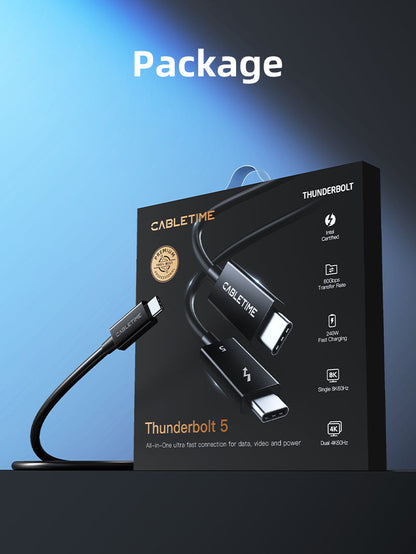 CABLETIME Intel Certified Thunderbolt 5 Cable 0.8m | 240W, 120Gbps, 8K, model CT50G, SKU CT-TB5-PB0.8