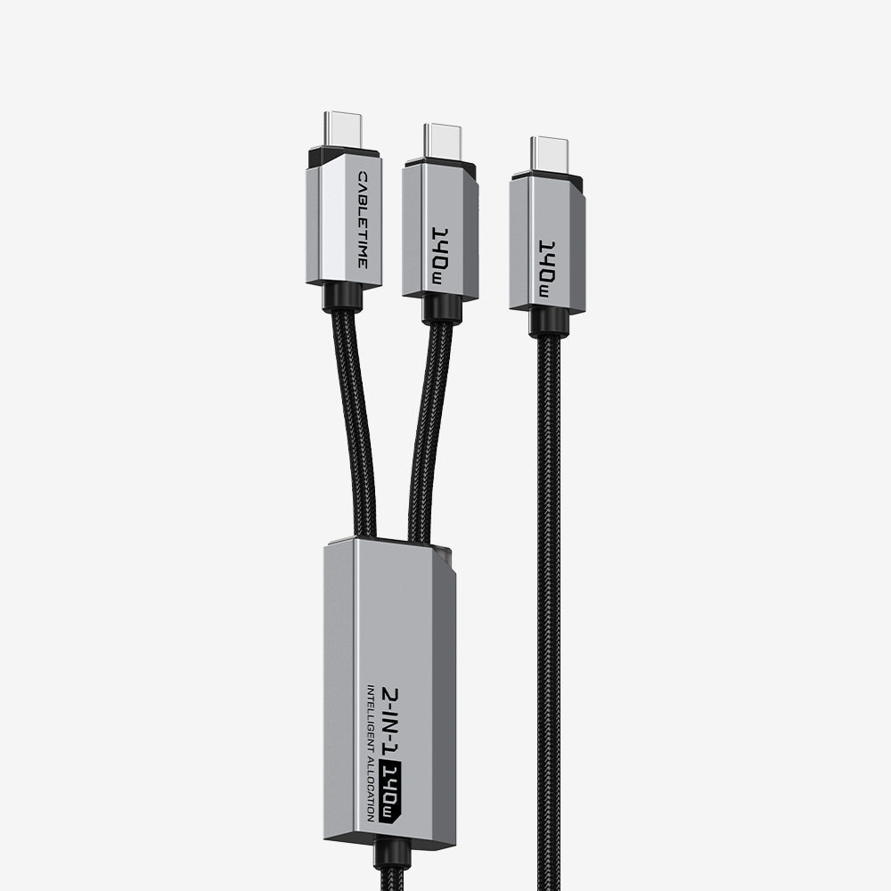 CABLETIME 2-in-1 USB-C to Dual USB-C 140W Charging Cable, 1.5m – product view 1 | CU14J