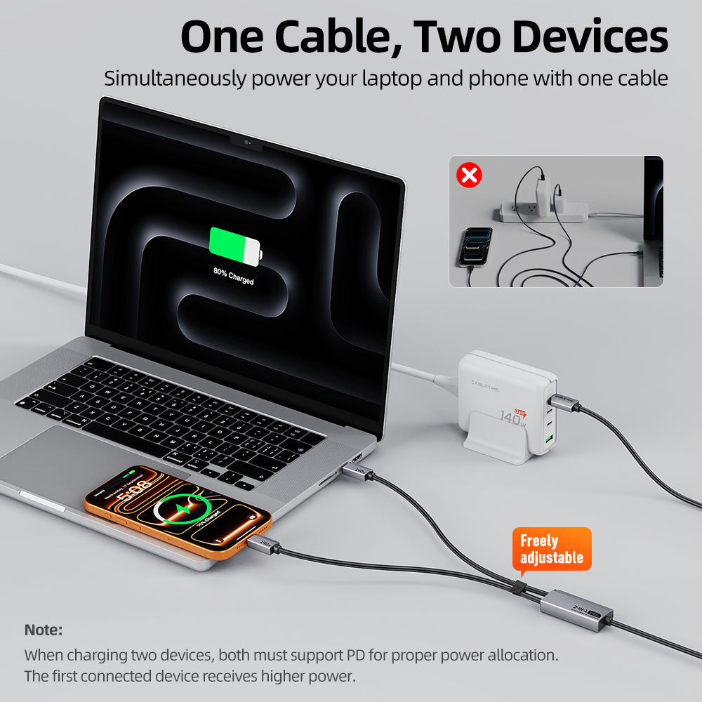 CABLETIME 2-in-1 USB-C to Dual USB-C 140W Charging Cable, 1.5m – product view 3 | CU14J