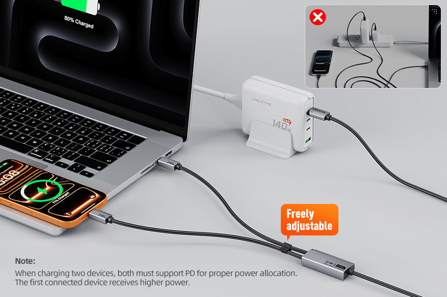 CABLETIME 2-in-1 USB-C to Dual USB-C 140W Charging Cable, 1.5m – feature detail 11 | CU14J