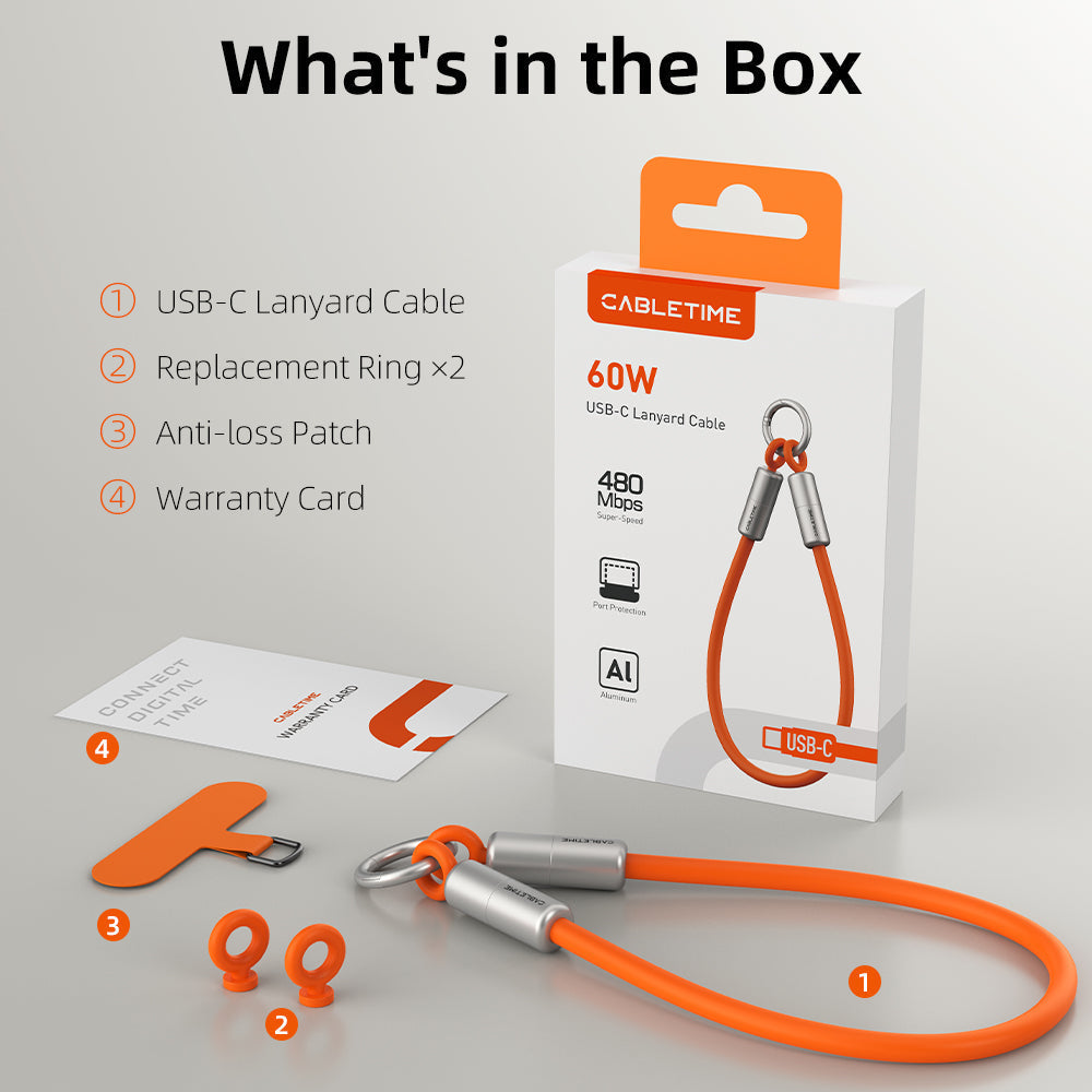 CABLETIME 60W USB-C Wrist-Lanyard Charging Cable, 480Mbps – product view 13 | CU46G