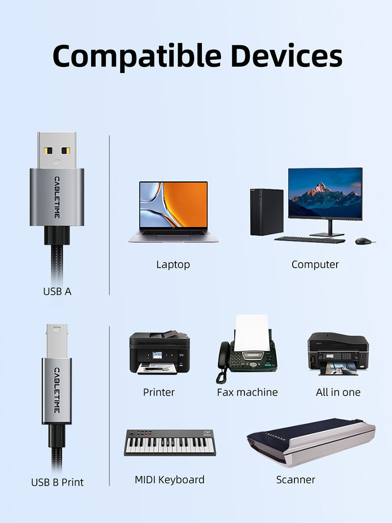 CABLETIME CA15 USB-A to USB-B printer cable device support