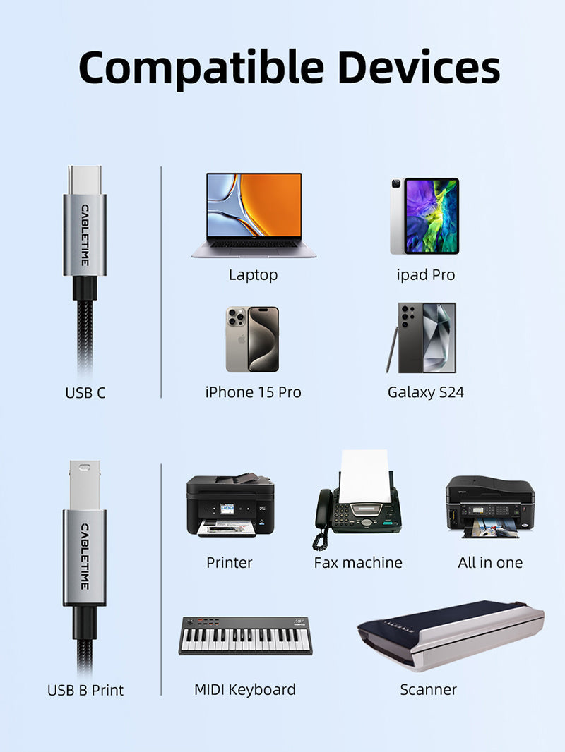 CABLETIME CA16 USB-C printer and MIDI cable device compatibility